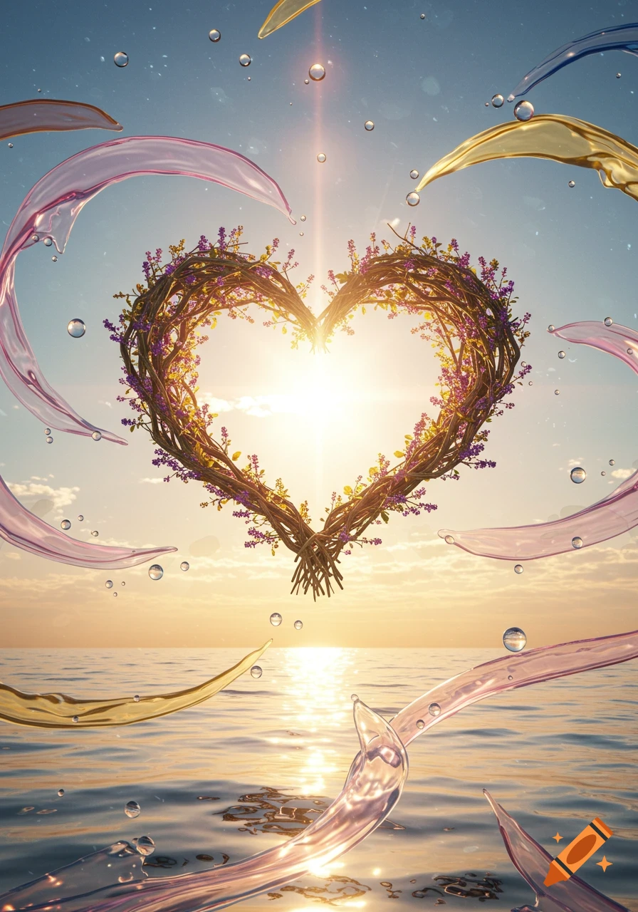 A heart-shaped wreath of branches and purple flowers floats above a shimmering ocean at sunset, surrounded by swirling liquid splashes and bubbles.