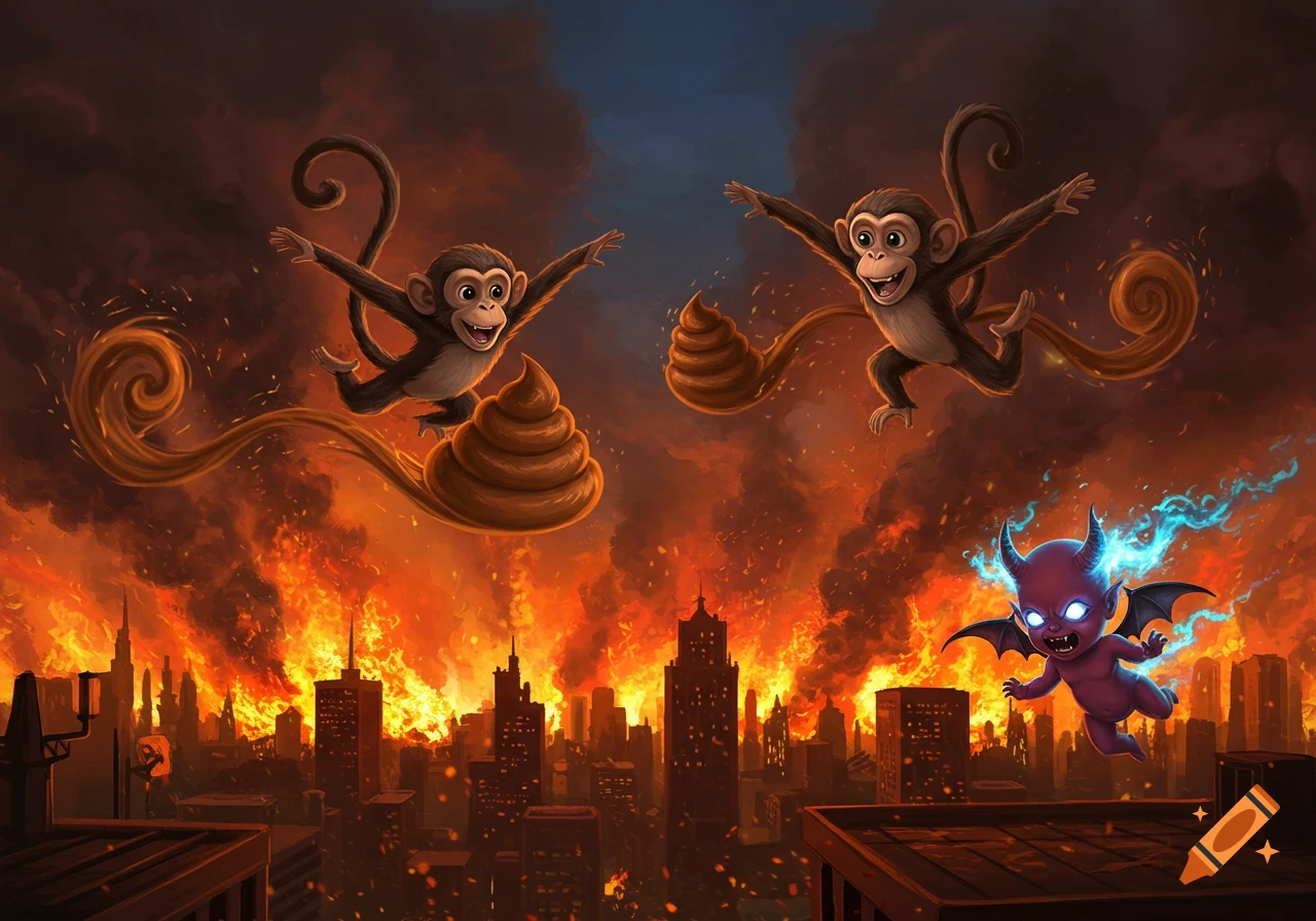 Two cartoon monkeys fly on poop piles over a burning city as a blue-horned demon baby chases them.
