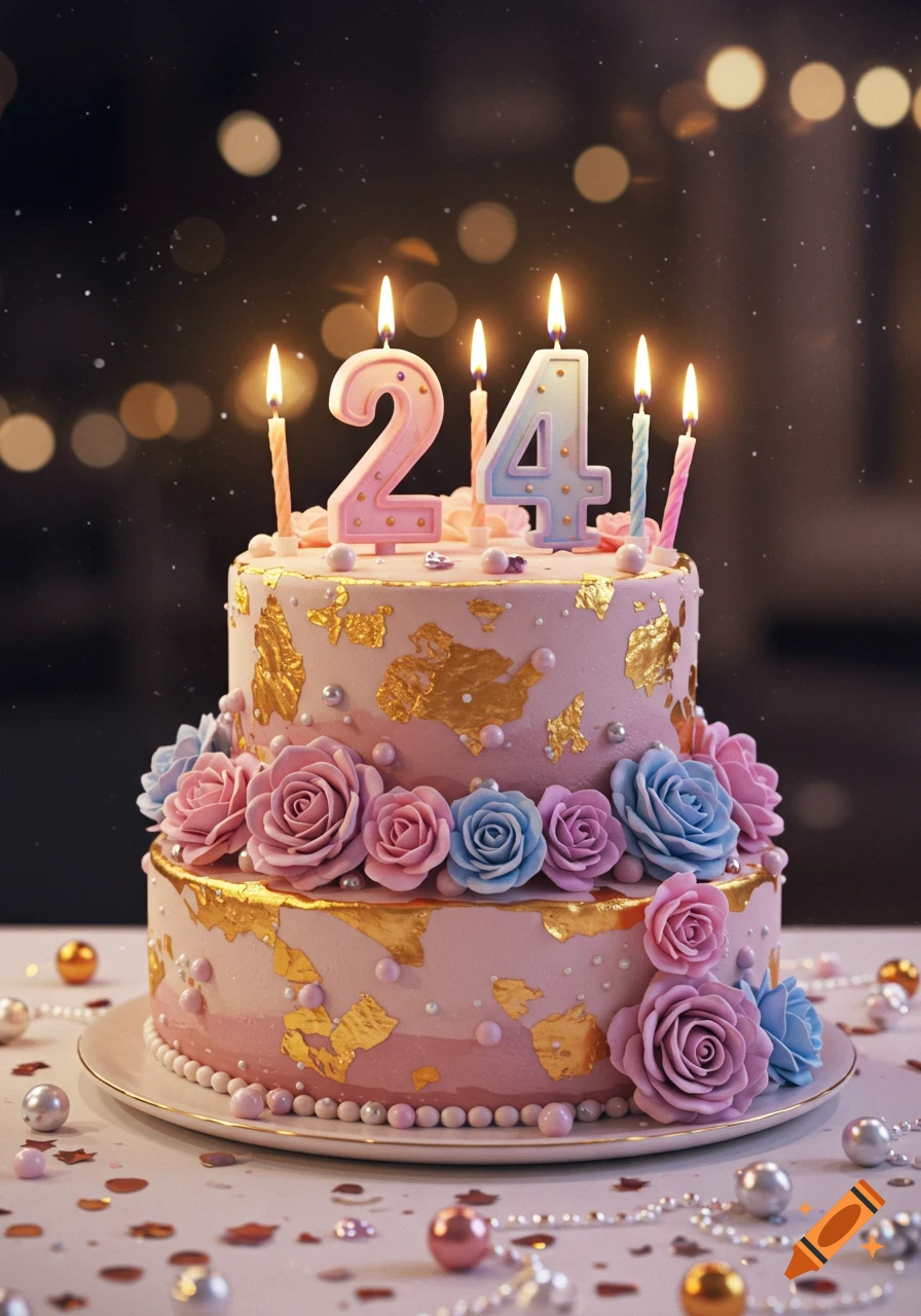 A photorealistic two-tier birthday cake adorned with pink and blue roses, gold flakes, and candles forming the number "24" against a bokeh background.