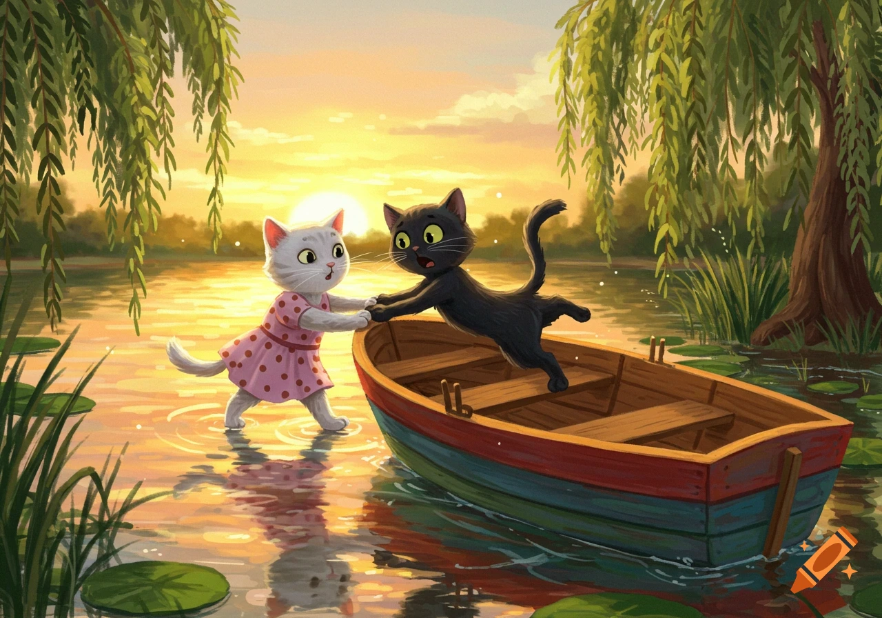 A white cartoon cat in a pink dress pushes a black cat jumping into a wooden boat on a lake at sunset, with willow trees overhead.