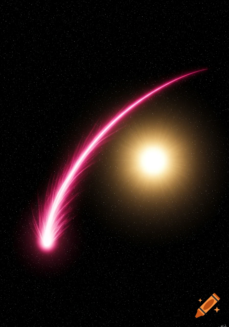 A bright pink comet with a long trail arcs past a glowing yellow sun in a realistic starry deep space scene.