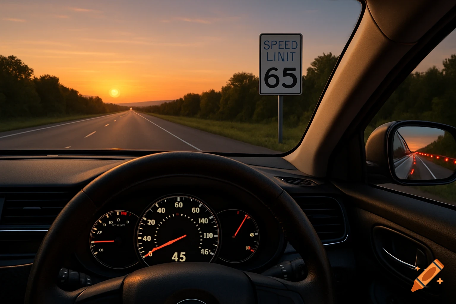Driver's perspective inside a car on a highway at sunset, with the speedometer at 45 mph and a 65 mph speed limit sign.