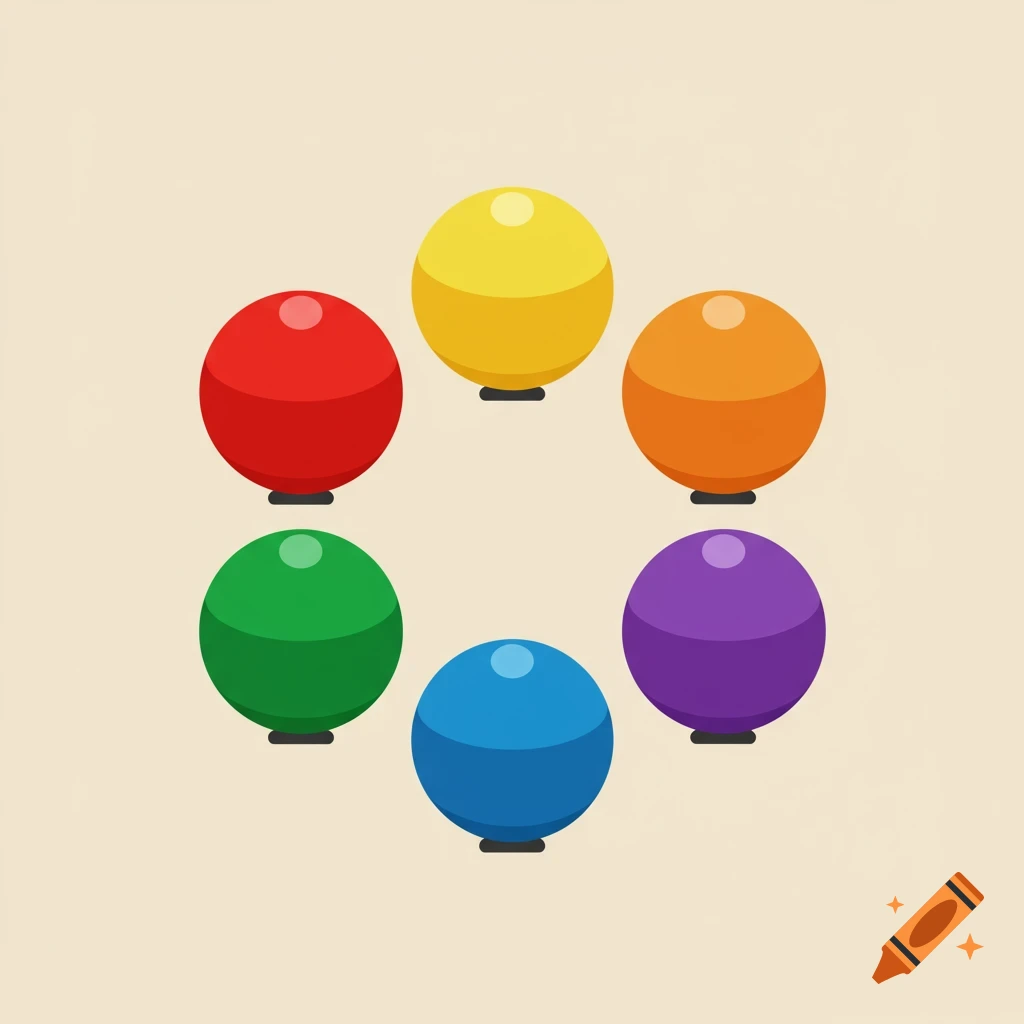 Six colorful orbs (red, yellow, orange, green, blue, purple) arranged in a circle on a light background, illustration.