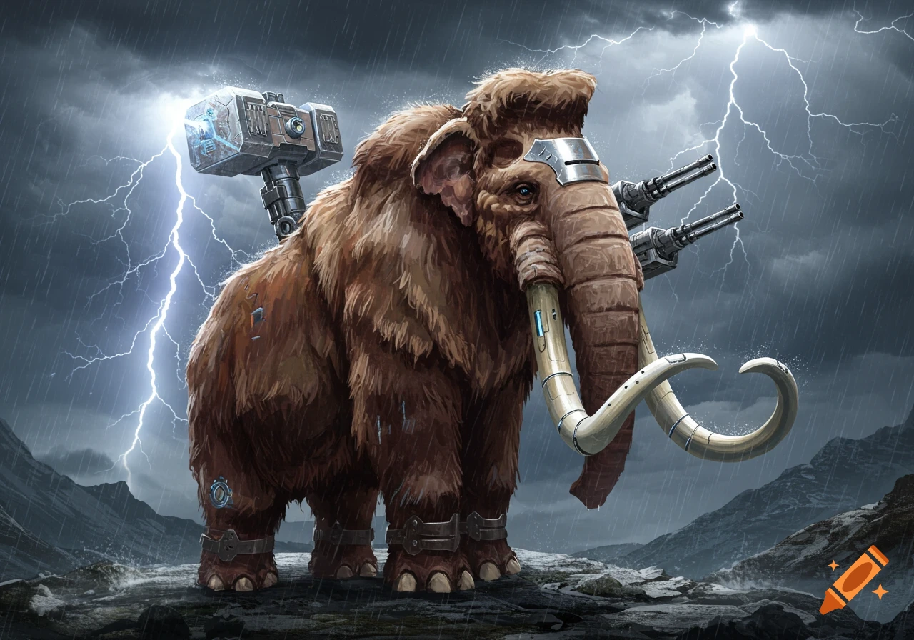 A large, cybernetic woolly mammoth with a mechanical hammer and machine guns stands in a stormy landscape under lightning strikes.