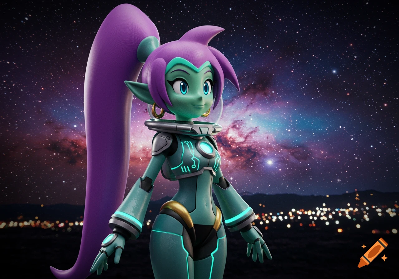 A green-skinned alien girl resembling Shantae, with purple hair and a retro-futuristic teal and grey space suit, stands against a starry galaxy background with city lights below.