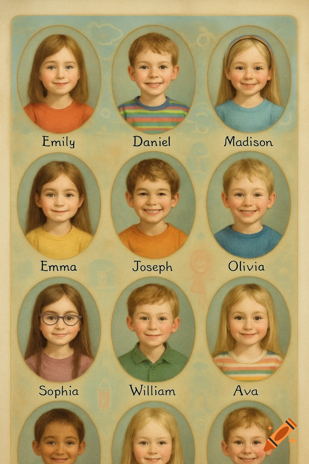 A grid of eleven smiling children's headshots in oval frames, with their names printed below, resembling a vintage school yearbook page.