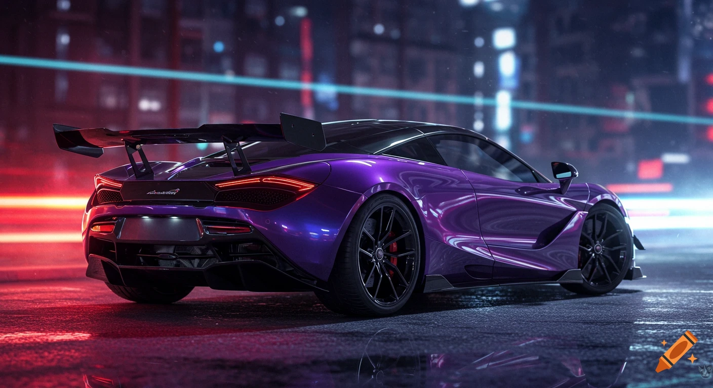 A sleek purple McLaren 720s sports car with a large rear wing on a wet city street at night, with neon lights reflecting.