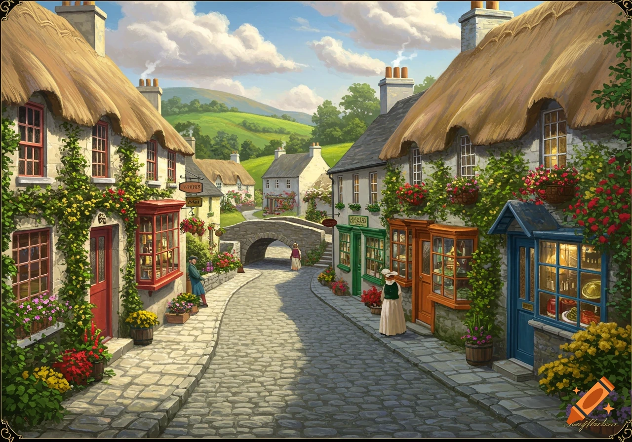 A picturesque painting of a cobblestone street with charming thatched-roof cottages, ivy, flowers, an arched bridge, and green hills.