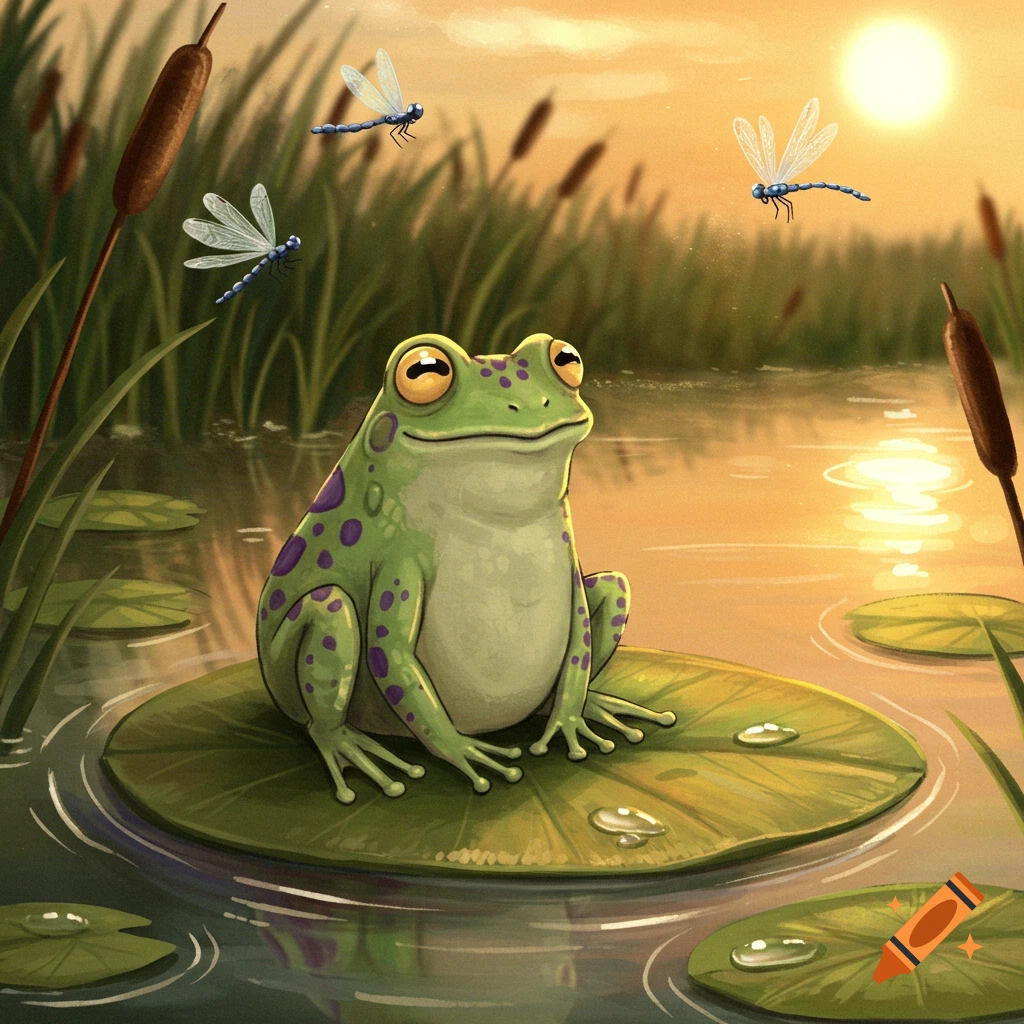 A cartoon frog with purple spots sits on a lily pad in a pond at sunset, with dragonflies flying overhead and cattails in the background.