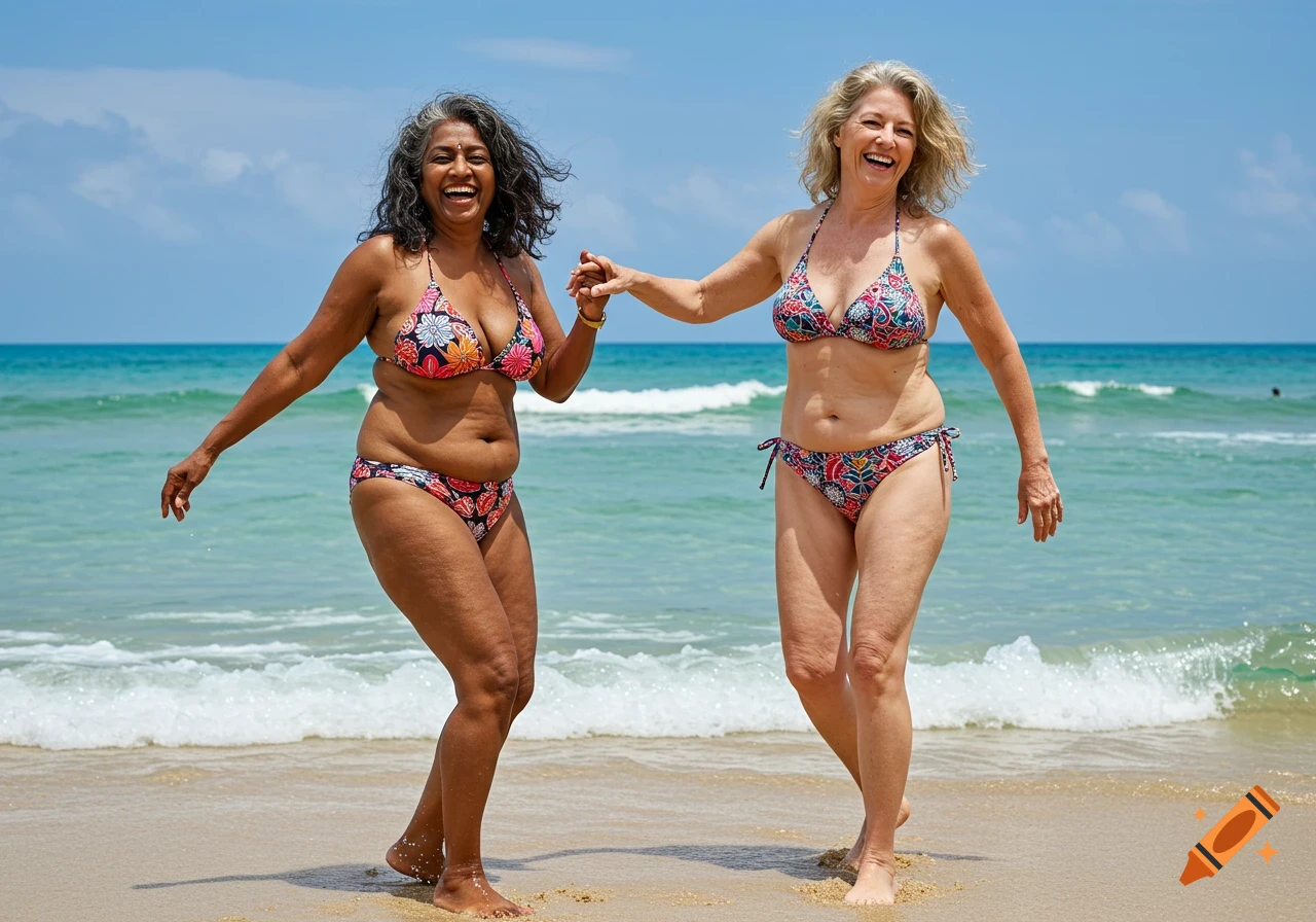 Two joyful mature women in patterned bikinis dance on a sunny beach with clear blue water.