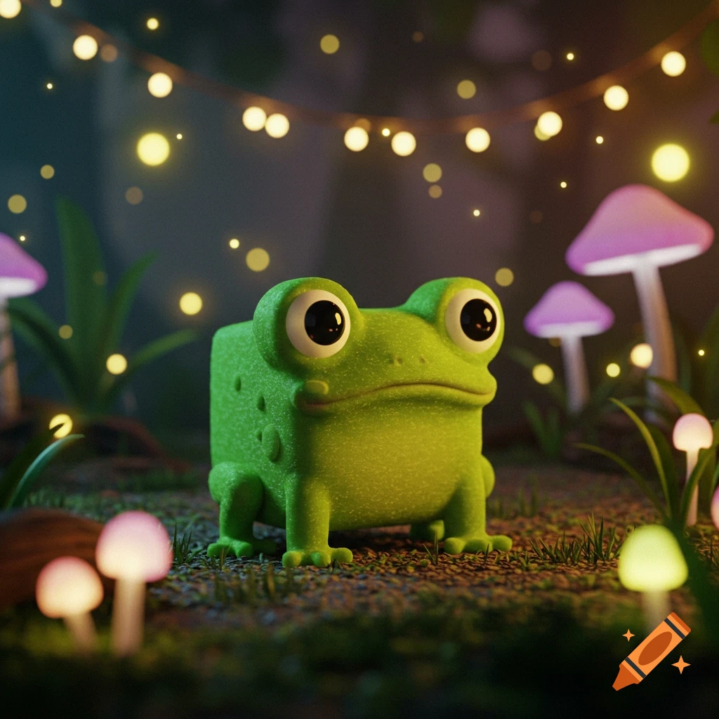 Cute 3D rendered square frog sitting on mossy ground with glowing mushrooms and fairy lights in a dark forest.