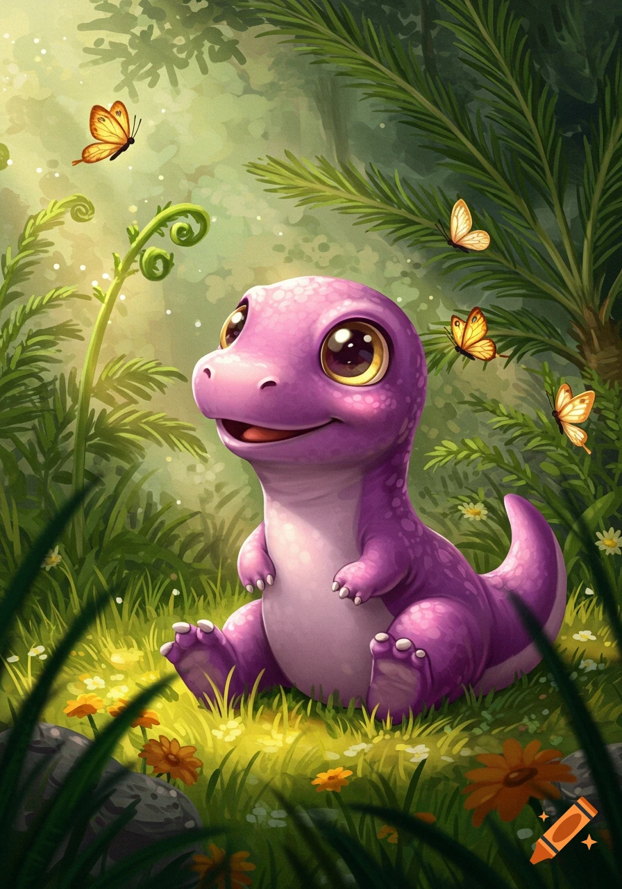 A cute purple baby dinosaur with large eyes sits in a vibrant green forest with butterflies fluttering around.