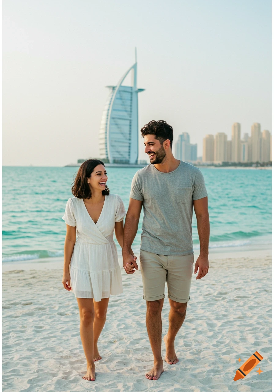 A happy couple walks hand-in-hand on a white sand beach in Dubai, with the turquoise sea and Burj Al Arab in the background.