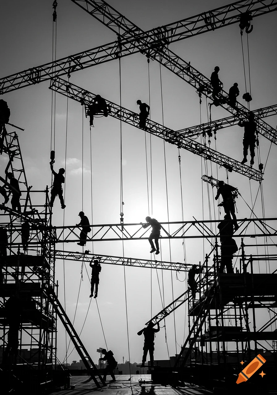 Black and white silhouette of stagehands and riggers building a complex stage structure against a bright, backlit sky.