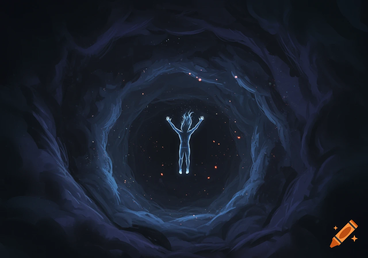 Ethereal glowing figure with raised arms floating in a dark, star-filled, cave-like tunnel. Digital art.