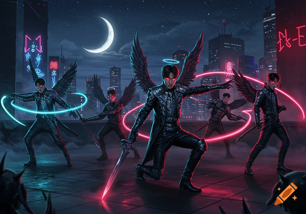 Five dark-winged K-pop style demon hunters with glowing red eyes and neon halos stand with swords on a cyberpunk city rooftop at night under a crescent moon.