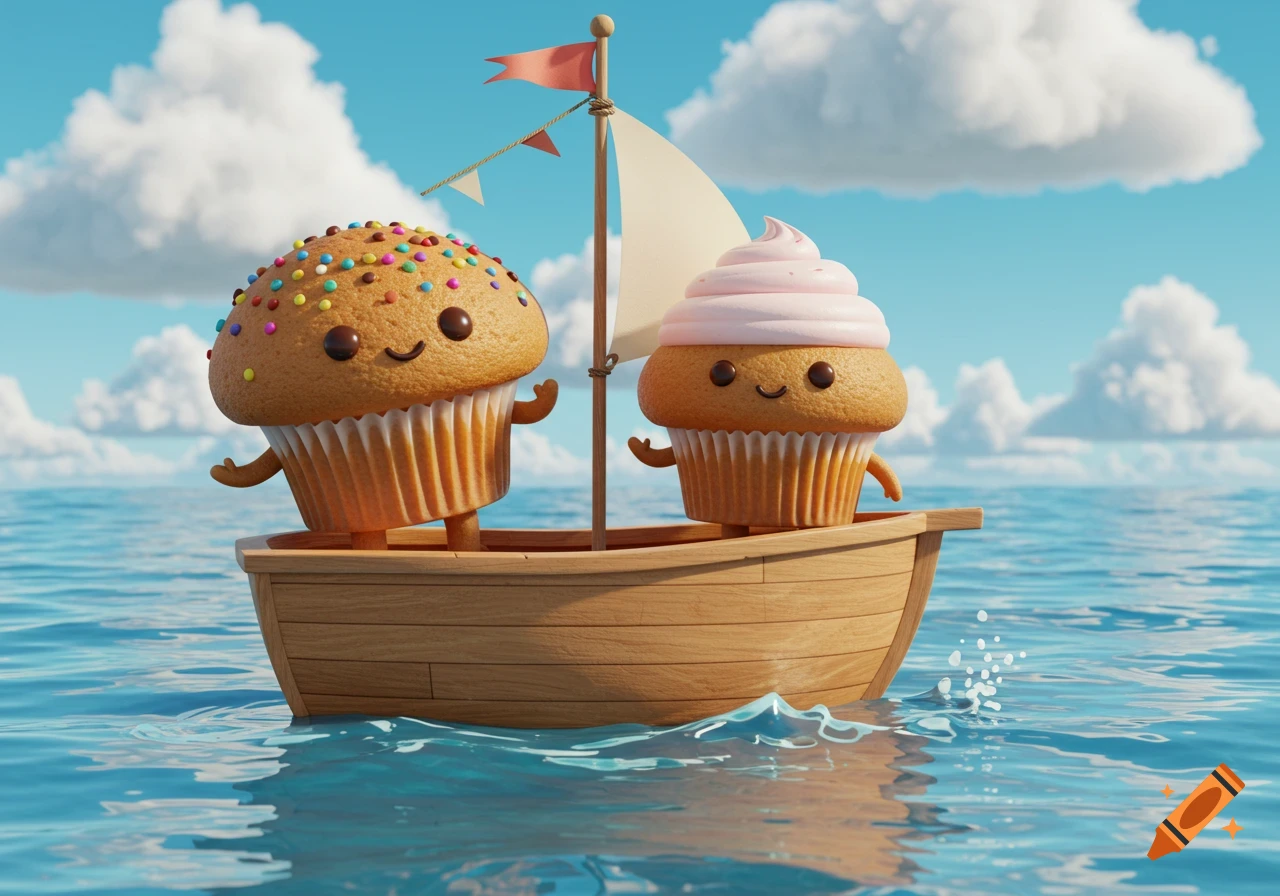 Two cute animated cupcakes, one with sprinkles and one with pink frosting, happily sail in a wooden boat on a blue sea under fluffy clouds.