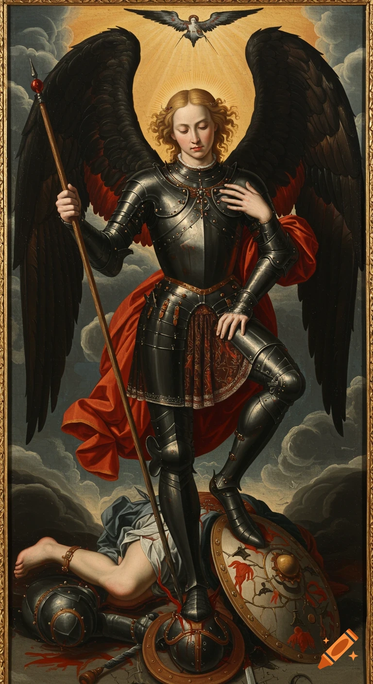 A High Renaissance oil painting depicts the Archangel Lucifer in dark engraved armor with vast black wings, standing triumphantly over the defeated Archangel Michael, whose bare leg and shattered shield are visible on the ground amidst a few drops of blood. Lucifer holds a spear, illuminated by an inverted corona.