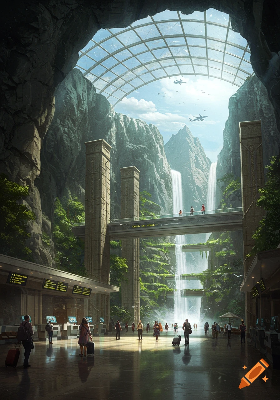A futuristic airport terminal nestled inside a vast mountain cave with glass ceiling, waterfalls, and planes flying overhead. People walk on the polished floor and a bridge.