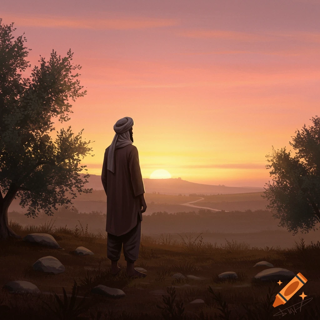 A man in a turban and traditional clothes stands on a hill, looking at a beautiful sunset over a rolling landscape with trees.