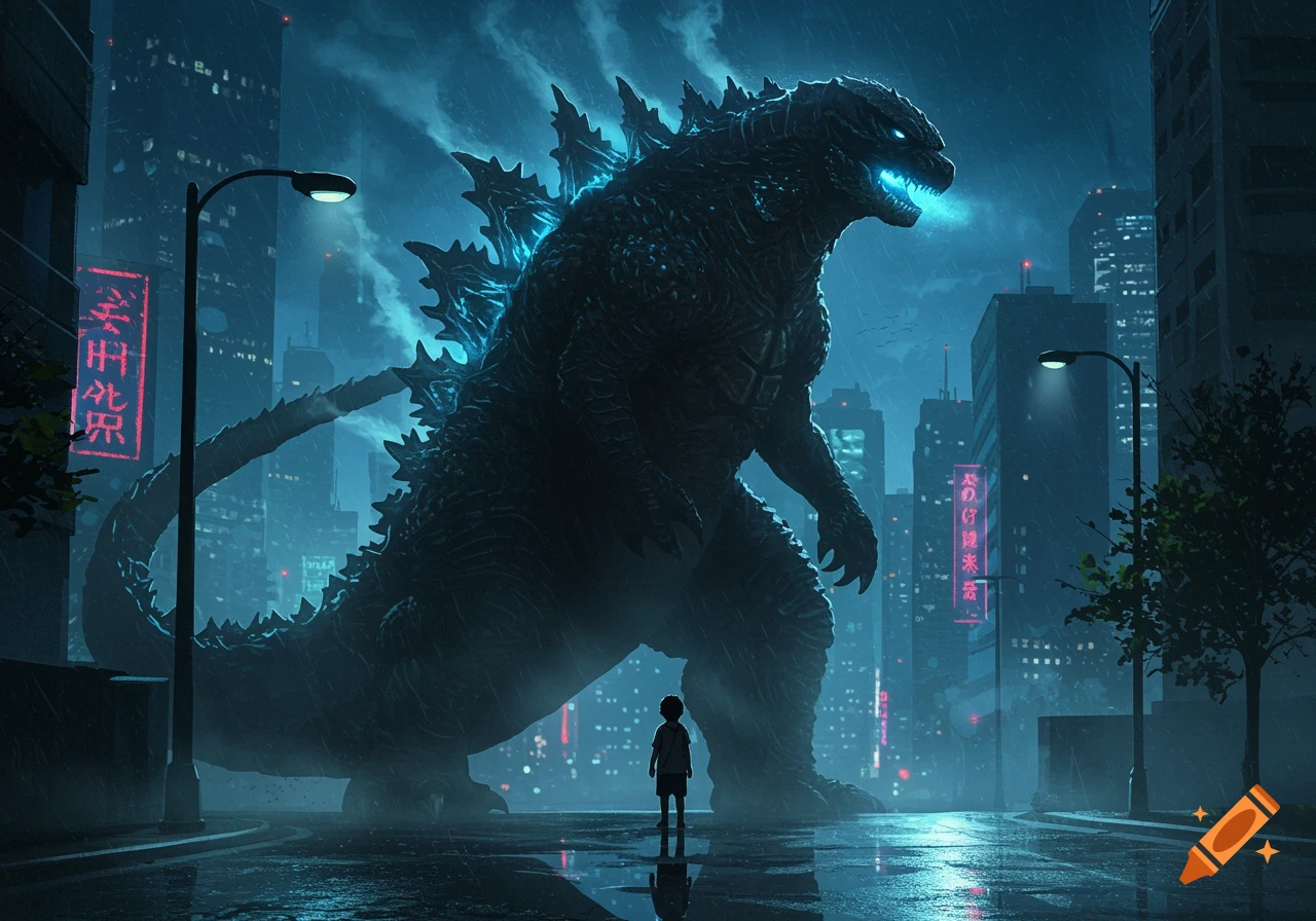 A massive, glowing Godzilla towers over a small boy in a rainy, dark city street with neon signs.