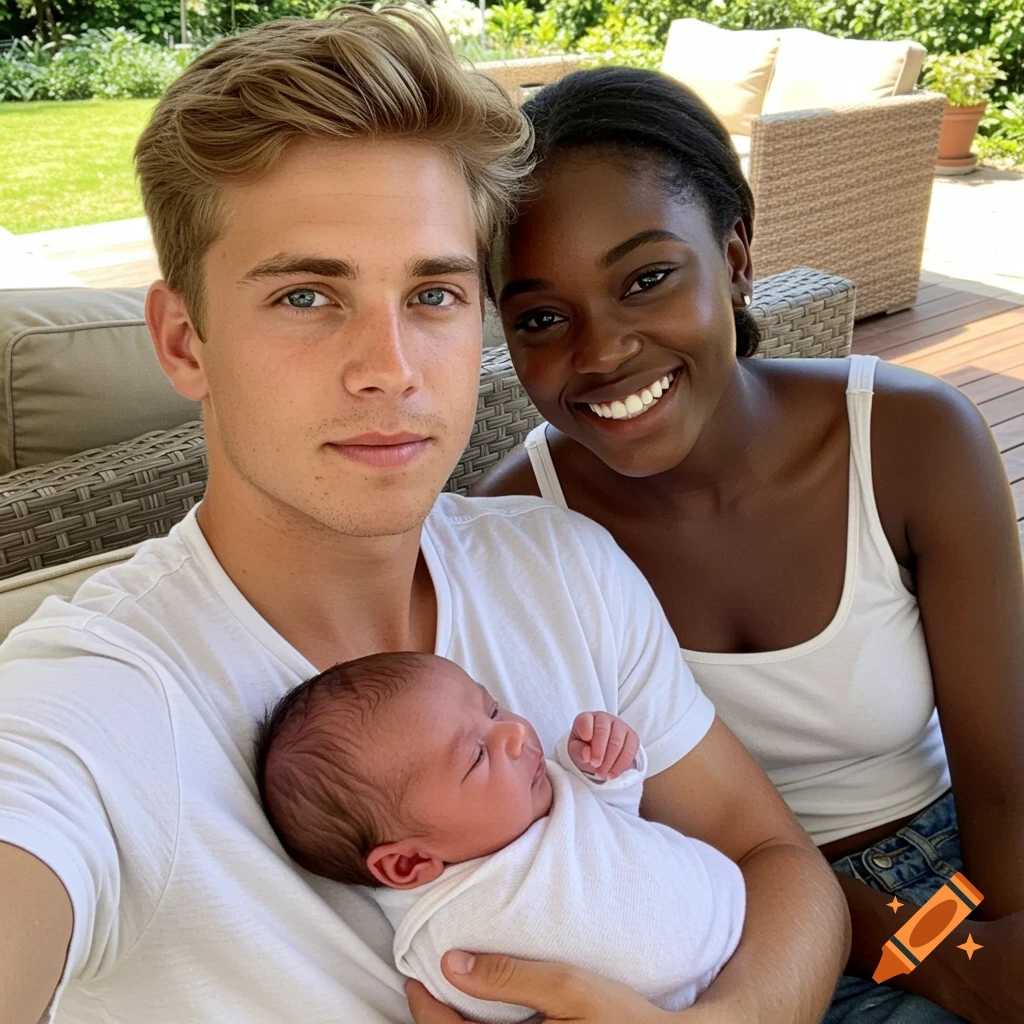 A photorealistic selfie of a man holding a newborn baby, with a smiling woman next to them on an outdoor patio.