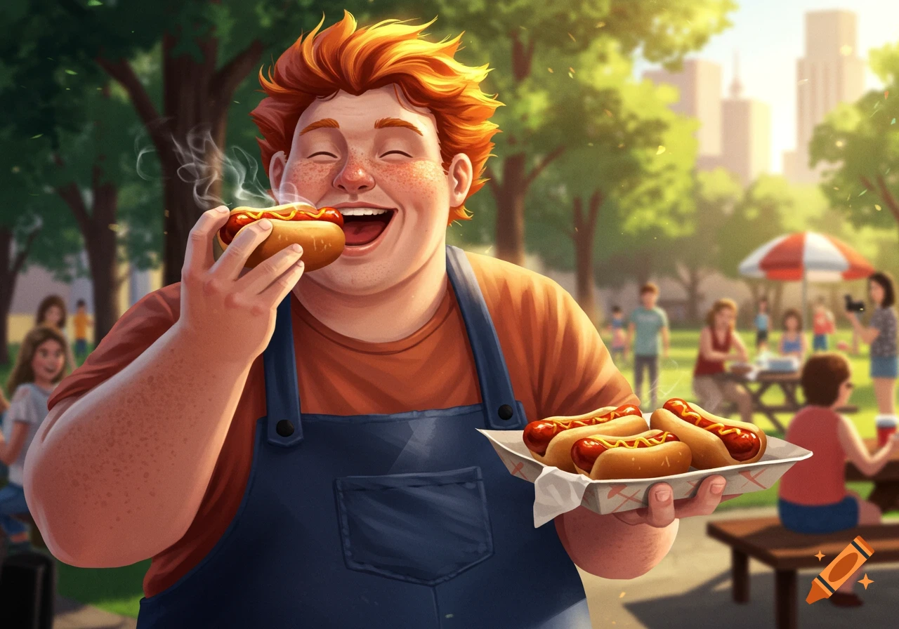 A cheerful, red-haired cartoon man happily eating a hot dog and holding a tray of hot dogs at a sunny park picnic.
