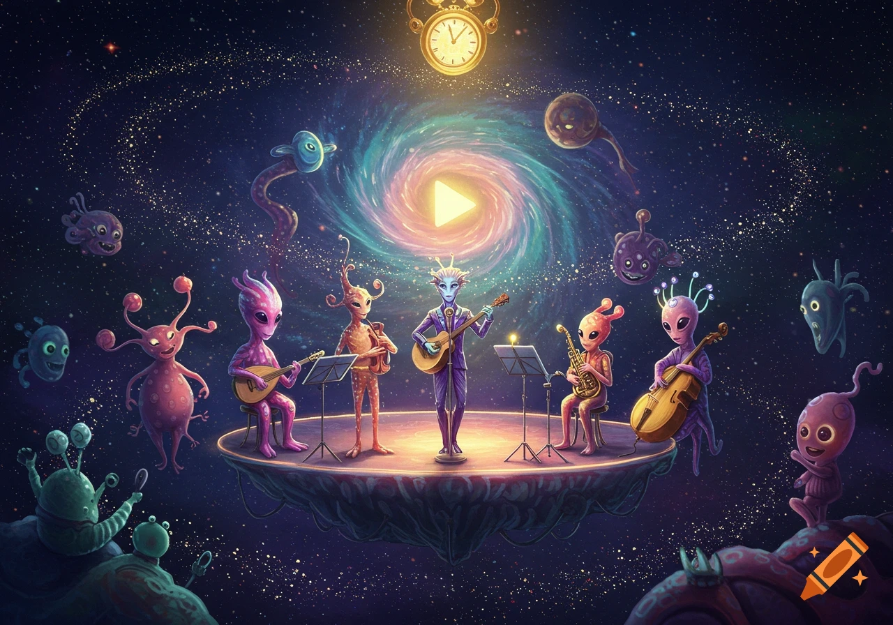 A whimsical cartoon alien band performs on a floating stage in space, with a galaxy, play button, and clock above.
