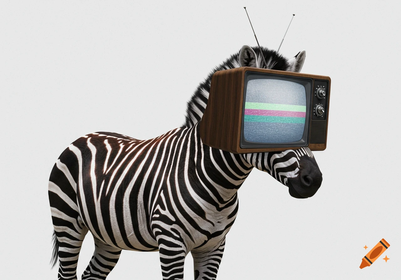 A zebra with a vintage television set on its head, showing static and colored bars, against a plain white background.