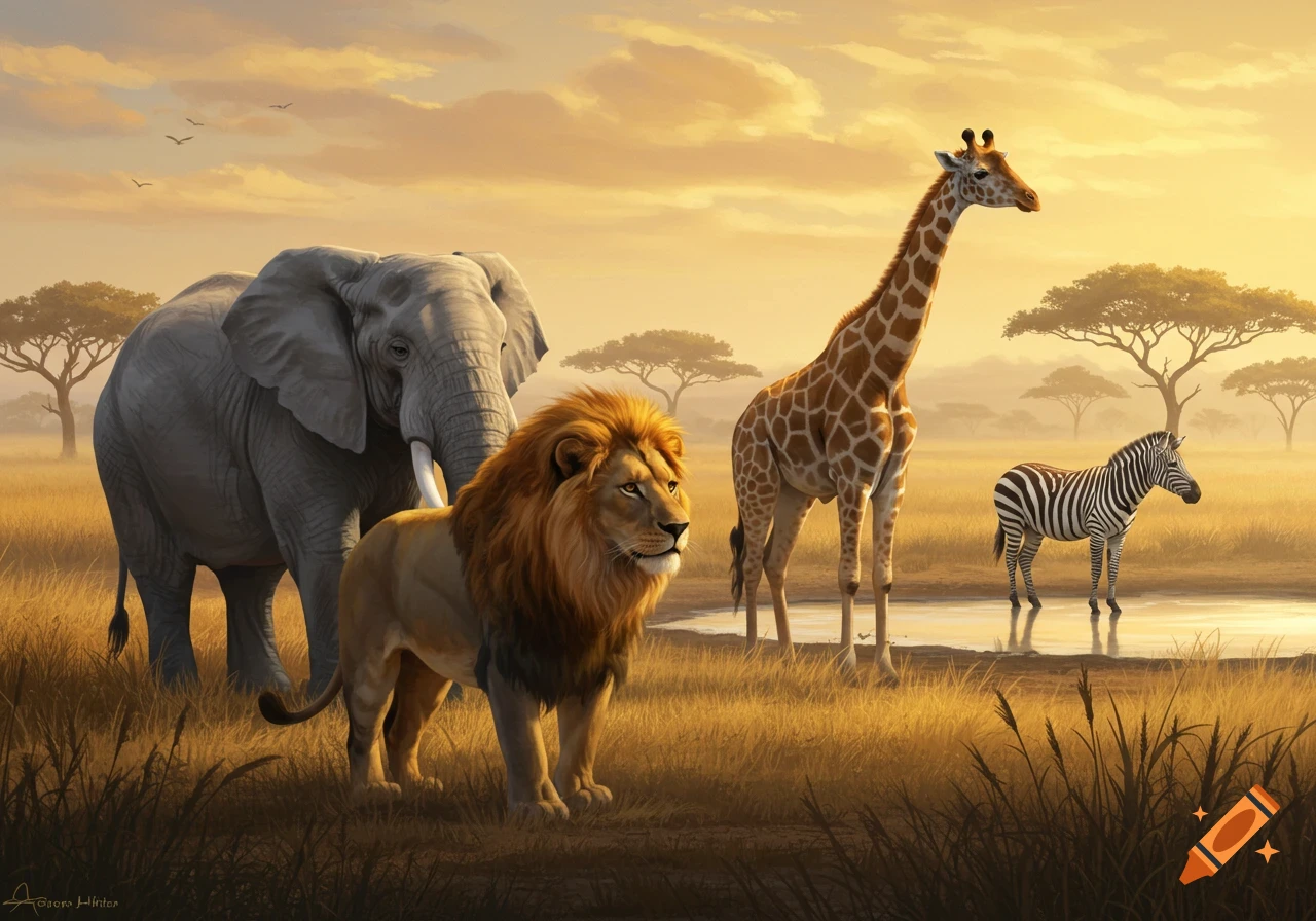 A photorealistic painting of an elephant, lion, giraffe, and zebra in a golden savanna landscape at sunset.