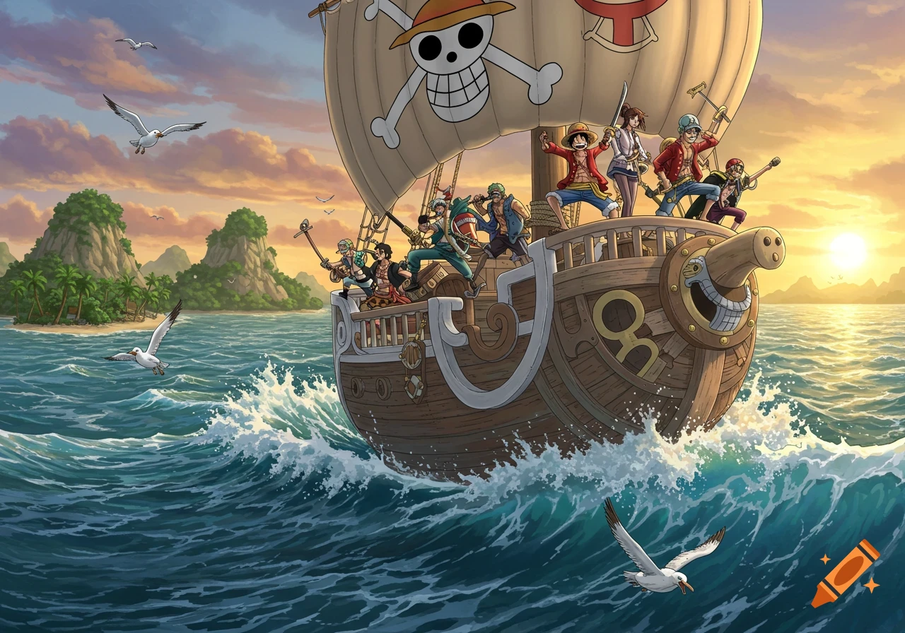 A vibrant anime illustration of the Straw Hat Pirates on their ship, the Thousand Sunny, sailing on a wavy blue ocean towards islands at sunset.
