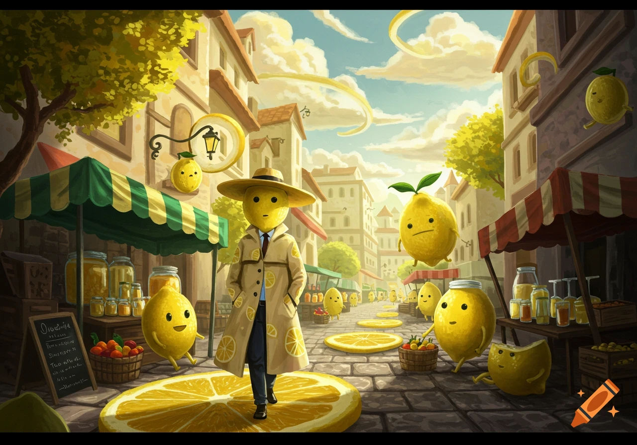 A whimsical cartoon illustration of an anthropomorphic lemon in a trench coat walking through a vibrant market street filled with other lemon characters.
