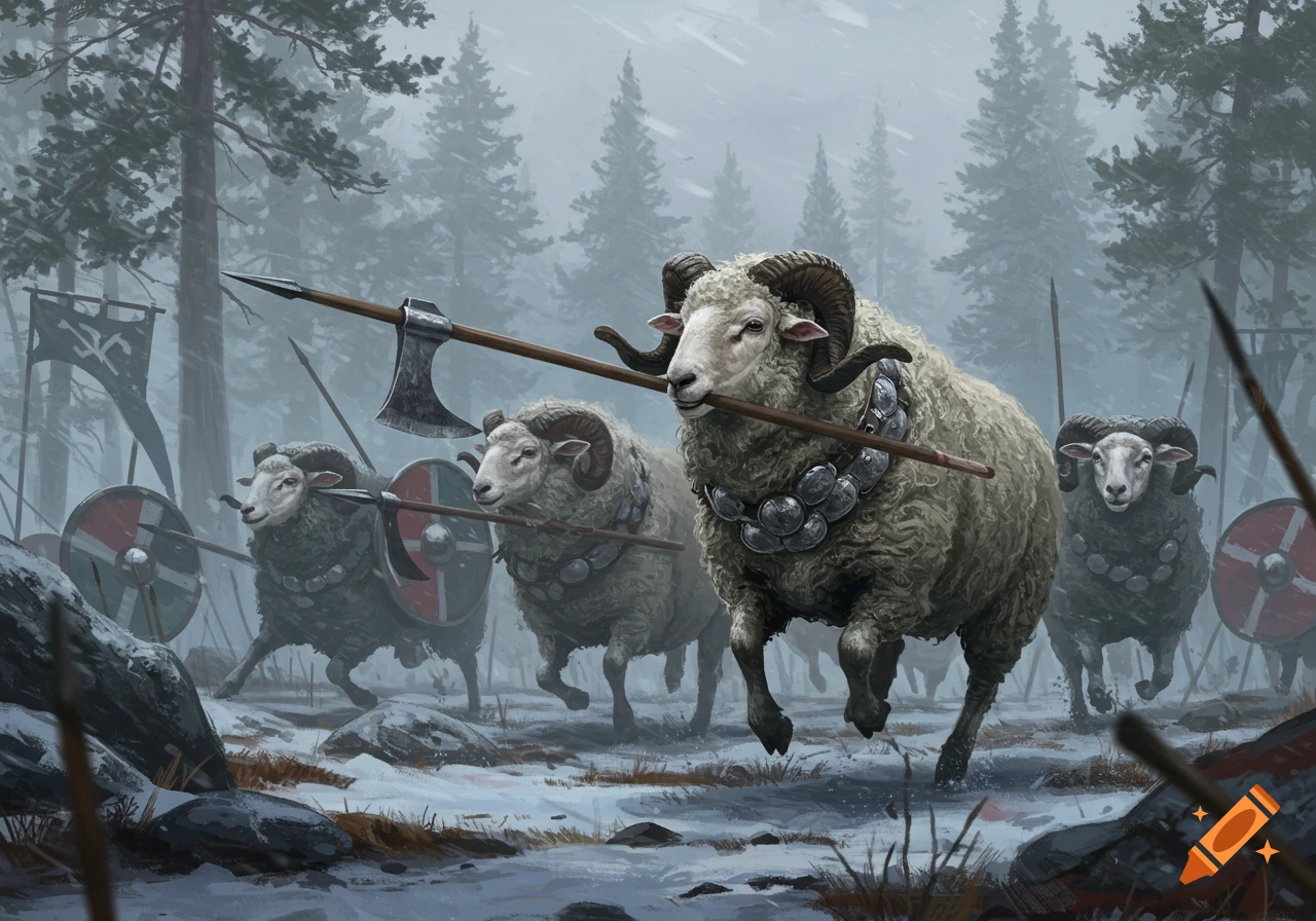 Fantasy digital art of a herd of armored sheep warriors with Viking weapons and shields charging through a snowy forest.