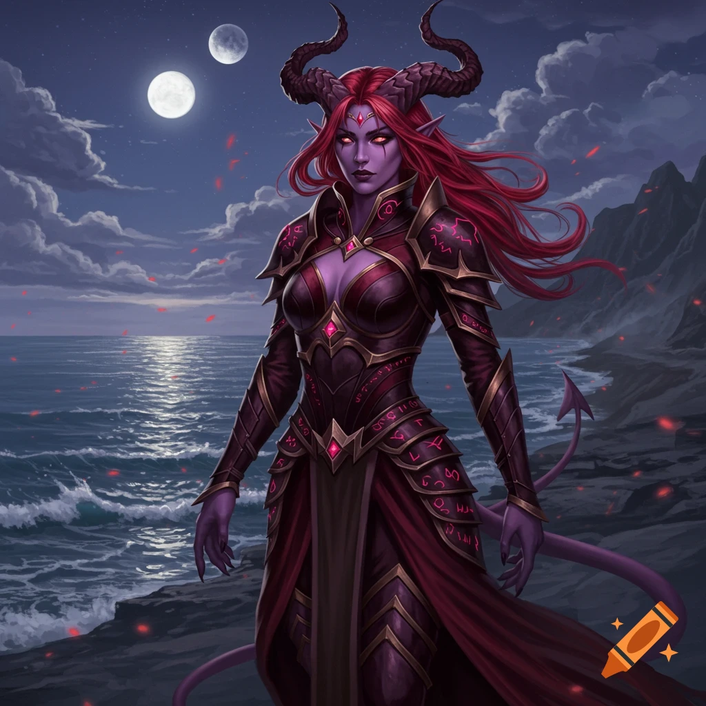 A female tiefling with purple skin, red hair, horns, and a tail, wearing dark fantasy armor by the sea at night under two moons.