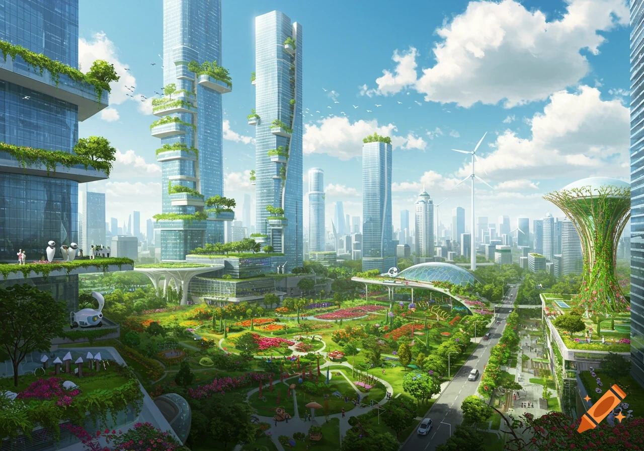 A photorealistic depiction of a lush, futuristic city with skyscrapers covered in greenery, extensive parks, wind turbines, and advanced transport.