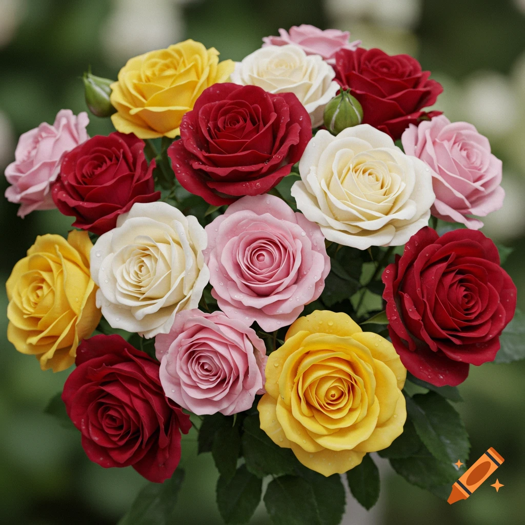 A vibrant bouquet of fresh roses in various colors including red, yellow, pink, and white, with dew drops on their petals, against a soft green background.