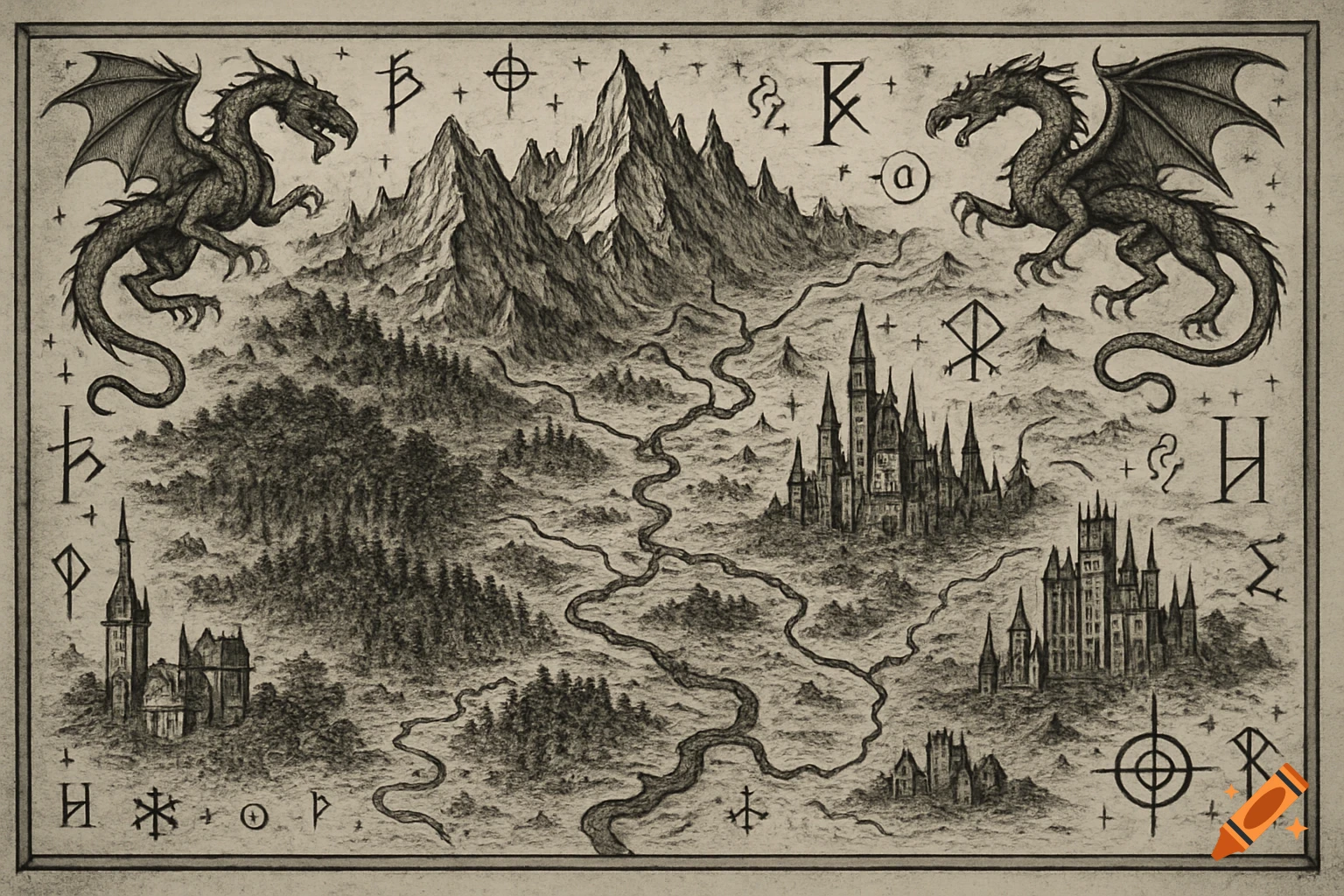 A black and white dark fantasy map featuring mountains, forests, castles, rivers, and two dragons on either side, with decorative runic symbols.