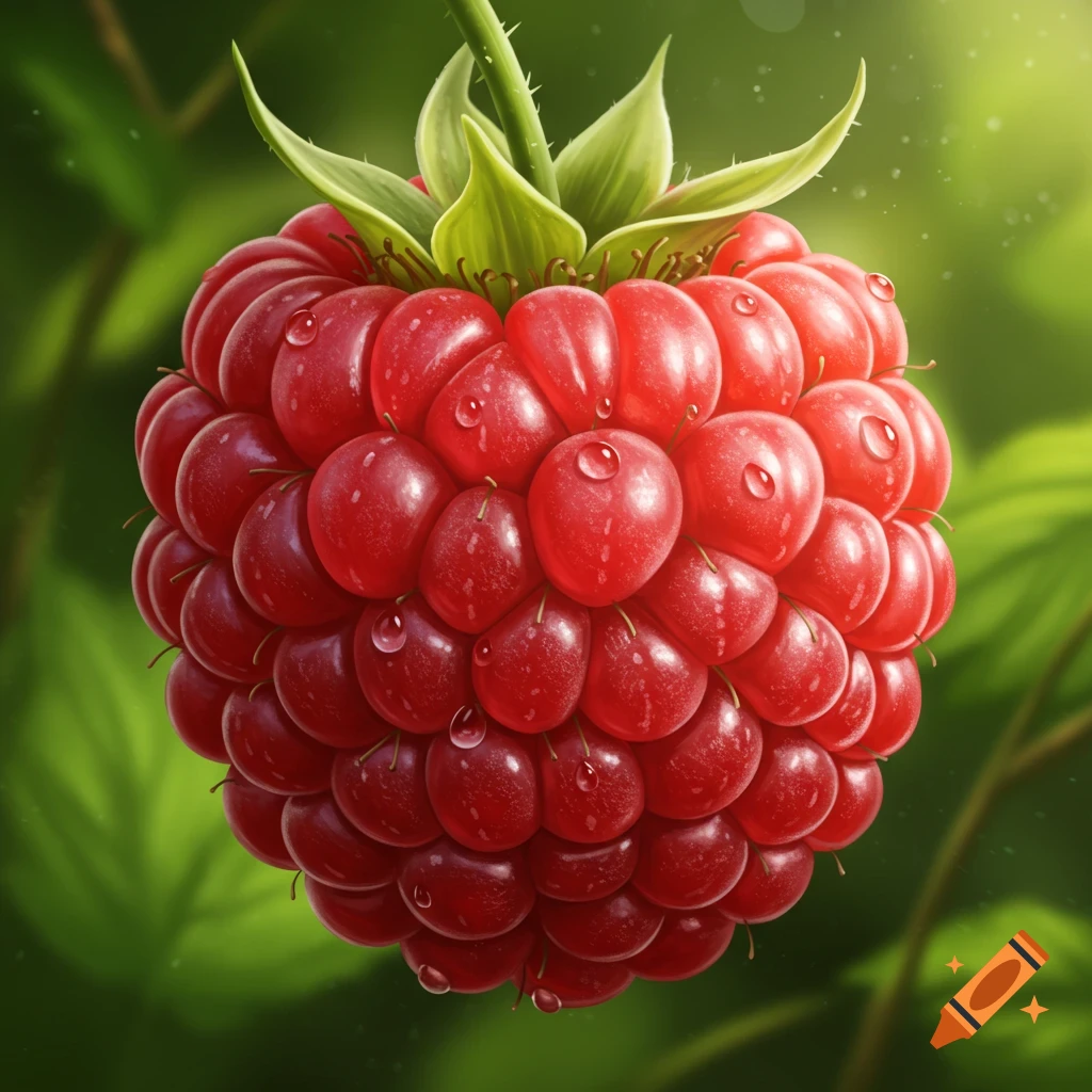 Close-up photorealistic image of a vibrant red raspberry covered in water droplets, with a blurred green leafy background.