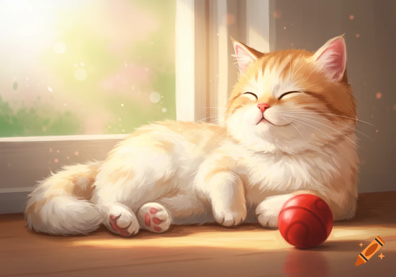 A cute orange and white tabby cat with closed eyes, smiling, lies in a sunlit window next to a red ball, digital illustration.