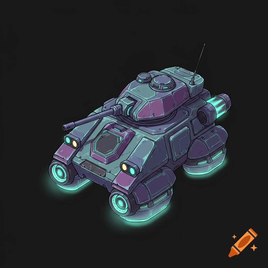 A stylized, futuristic hover tank game asset with green and purple glowing elements on a black background.