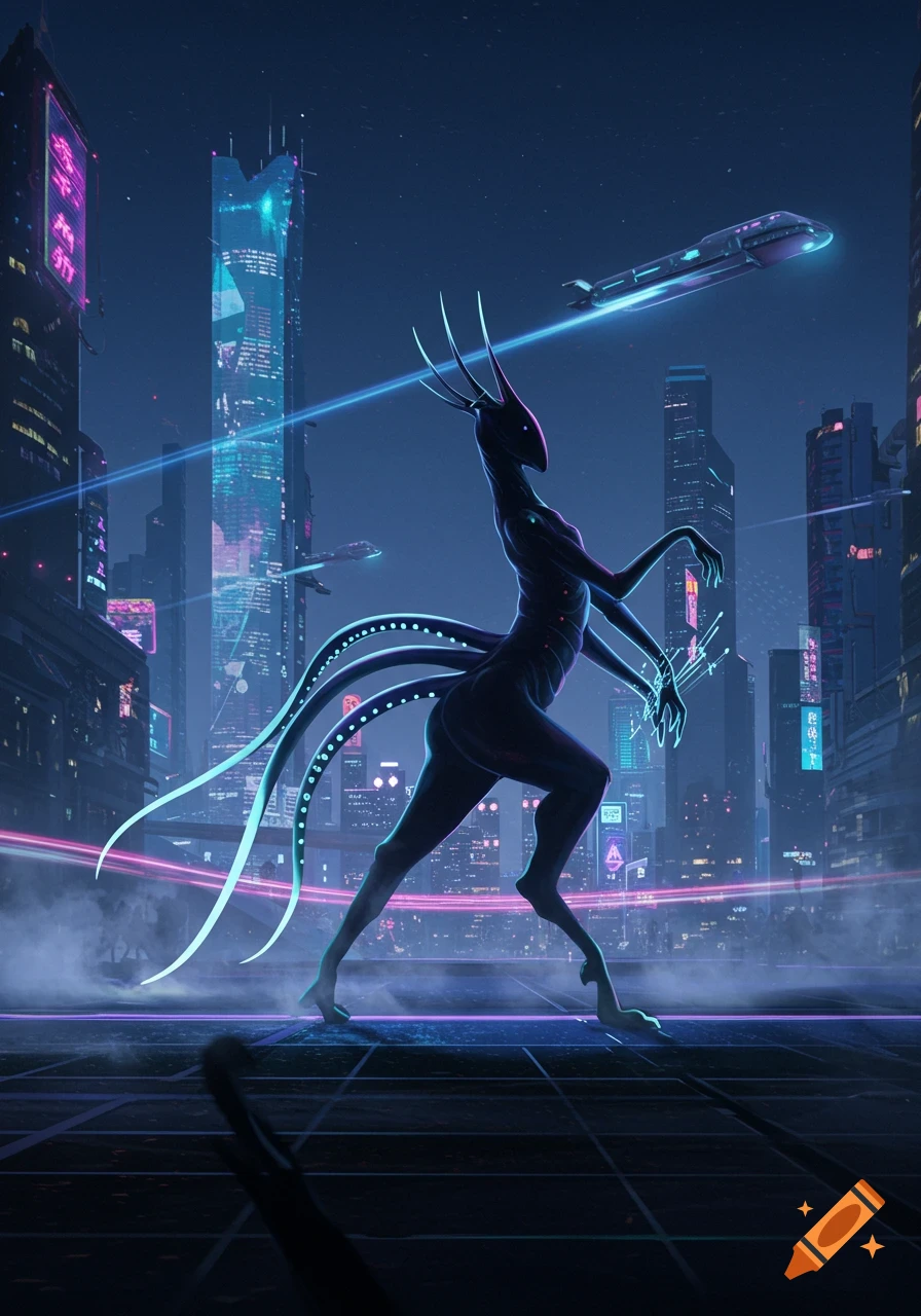 A tall, elegant, dark alien creature with antlers and multiple glowing limbs strides through a neon-lit cyberpunk city at night with flying vehicles.