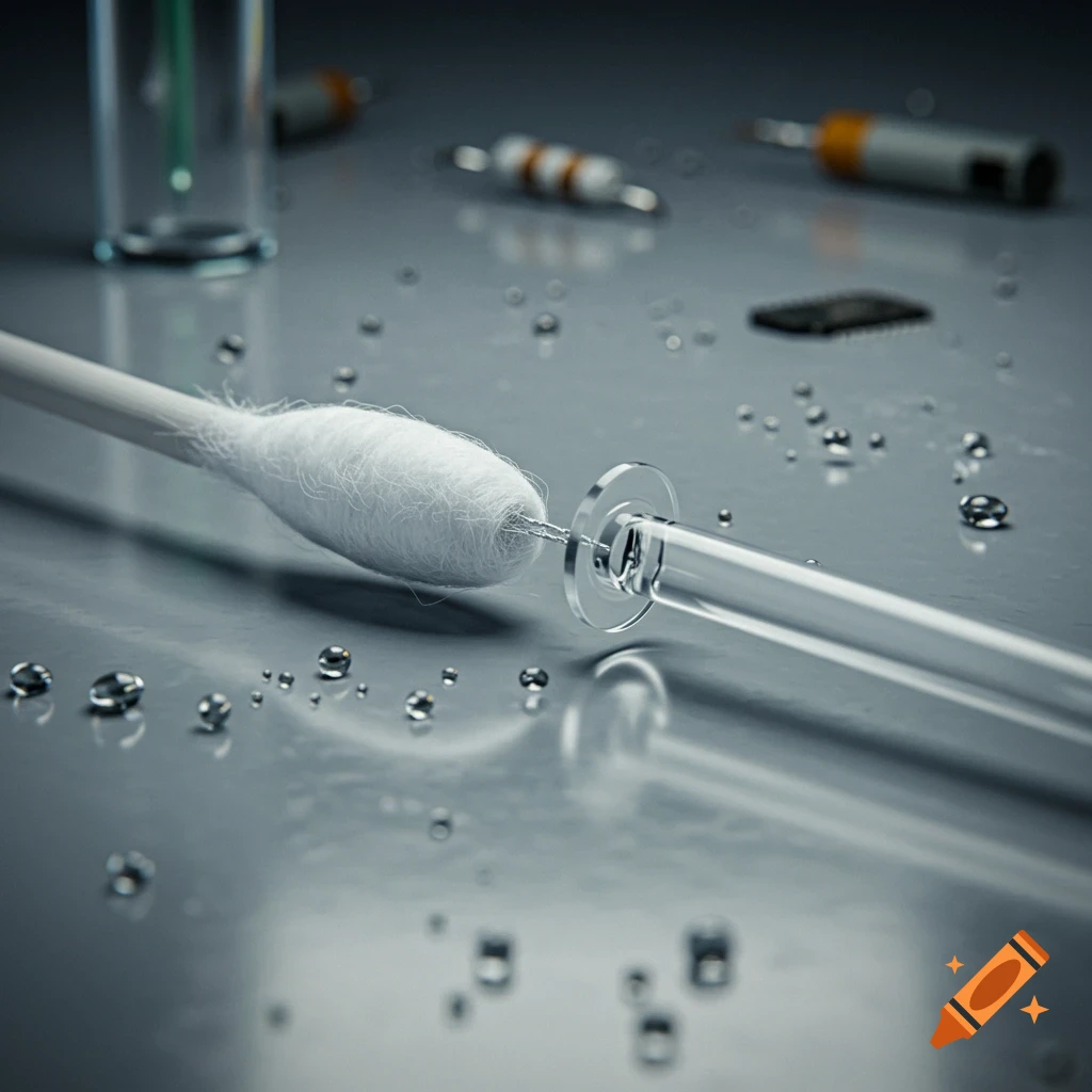 Close-up of a cotton swab connected to a clear glass tube, surrounded by water droplets on a metallic surface, with blurred electronic components in the background.