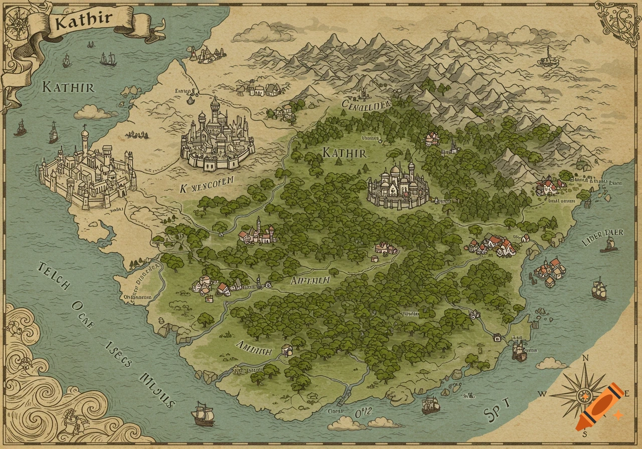 A detailed old-world fantasy map of the kingdom of Kathir, showing a coastal city, forests, mountains, settlements, and sea.