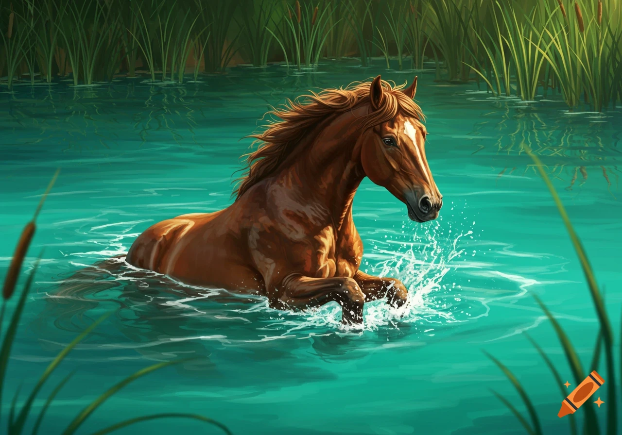 A brown horse with a white blaze swims in teal water, splashing, with green reeds in the background, in an illustrative style.