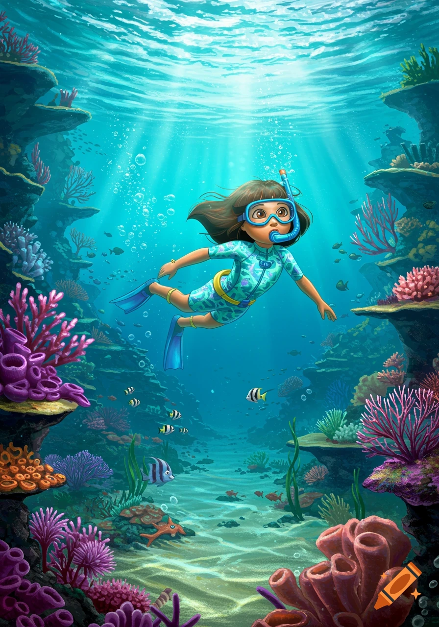 A cartoon girl in a blue snorkel mask and fins swims gracefully in a vibrant coral reef, surrounded by colorful fish and sunlit water.