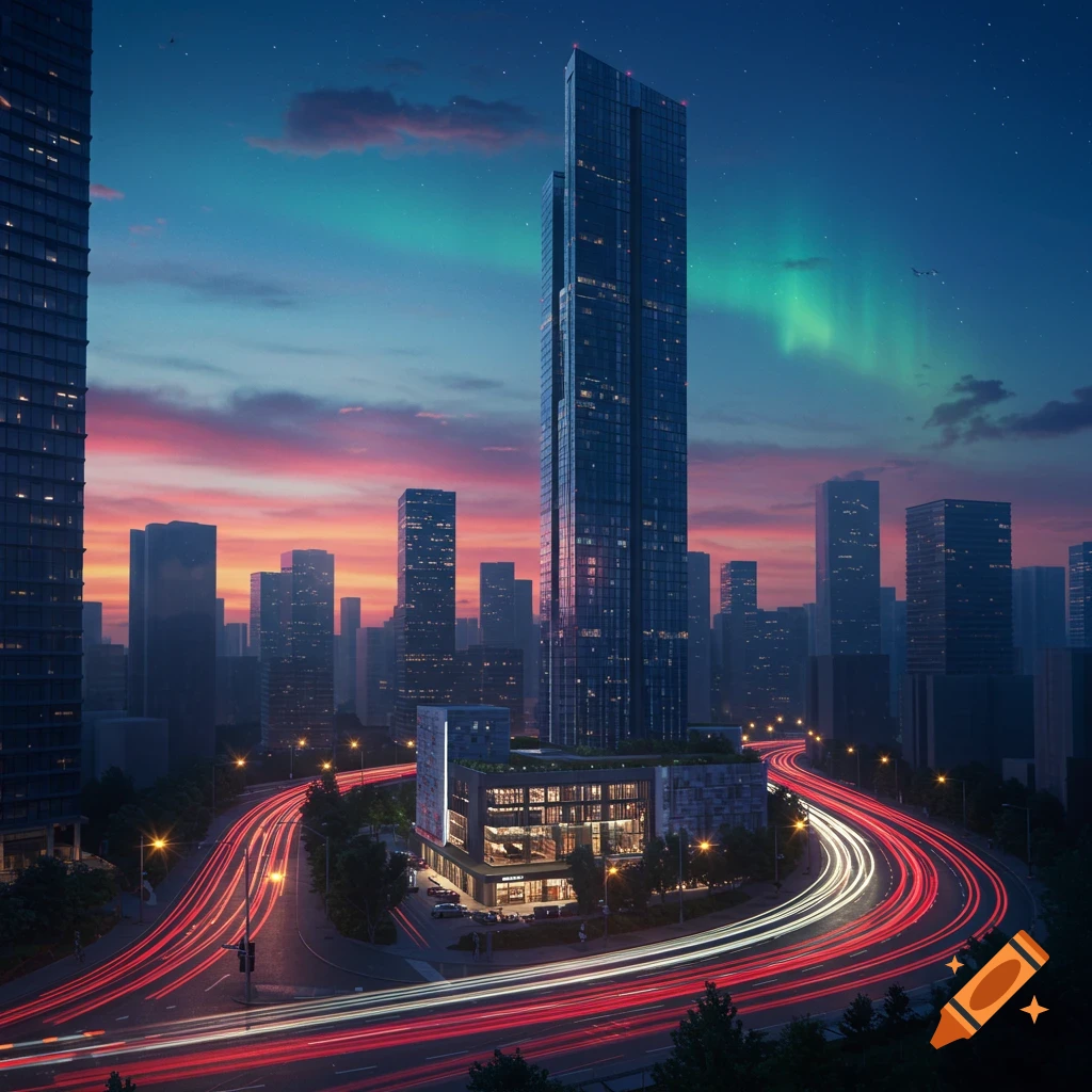 A modern cityscape at dusk featuring a tall skyscraper, a winding road with red and white car light trails, and a vibrant sky with an aurora borealis.