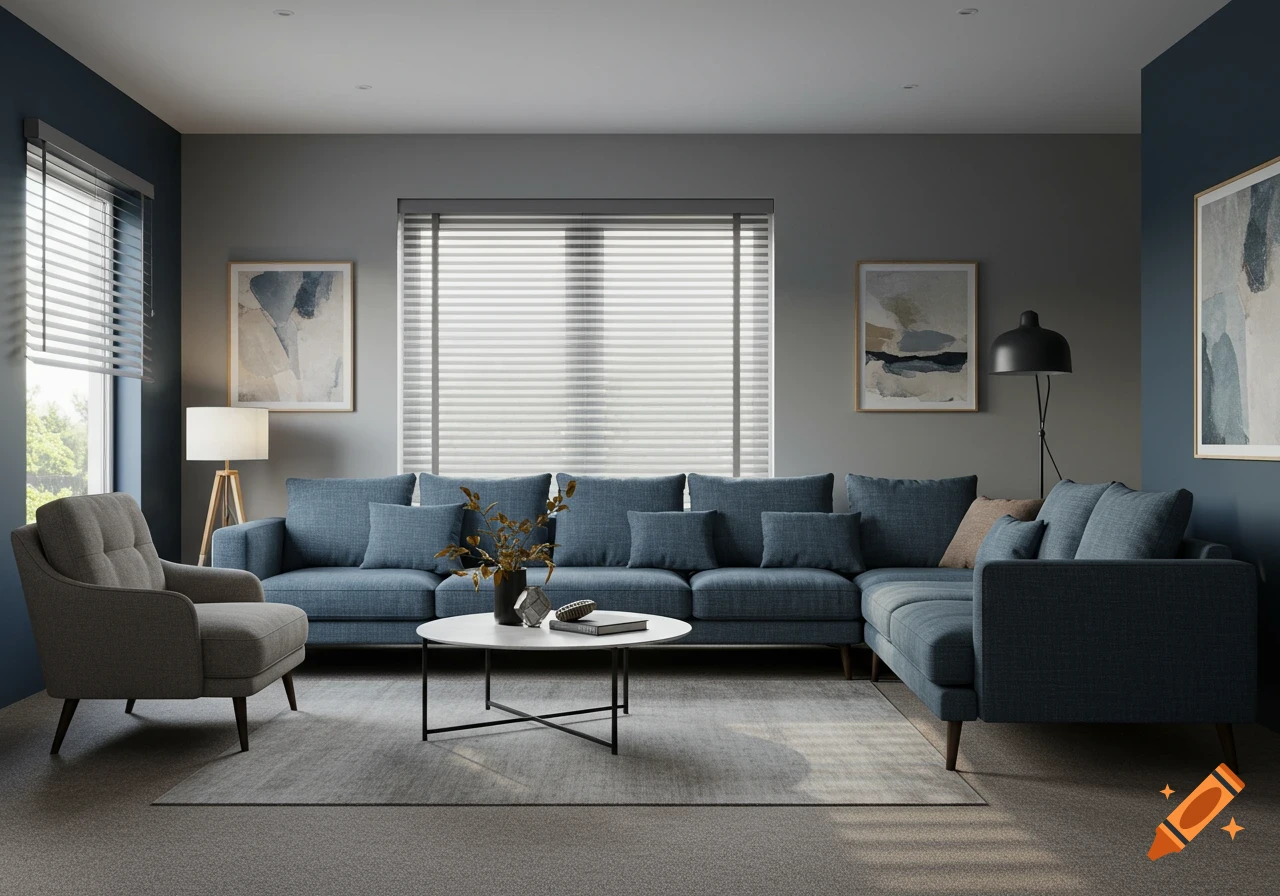 Photorealistic modern Scandinavian living room with blue L-shaped sofa, grey armchair, abstract art, and large windows with blinds.