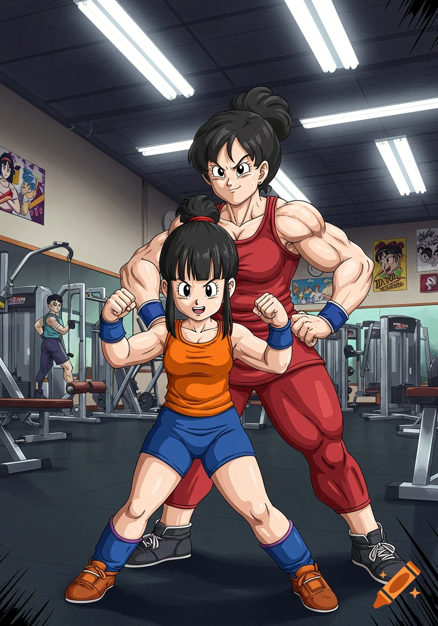 Anime style illustration of a muscular mother and daughter, Chi-Chi, flexing their biceps in a gym.
