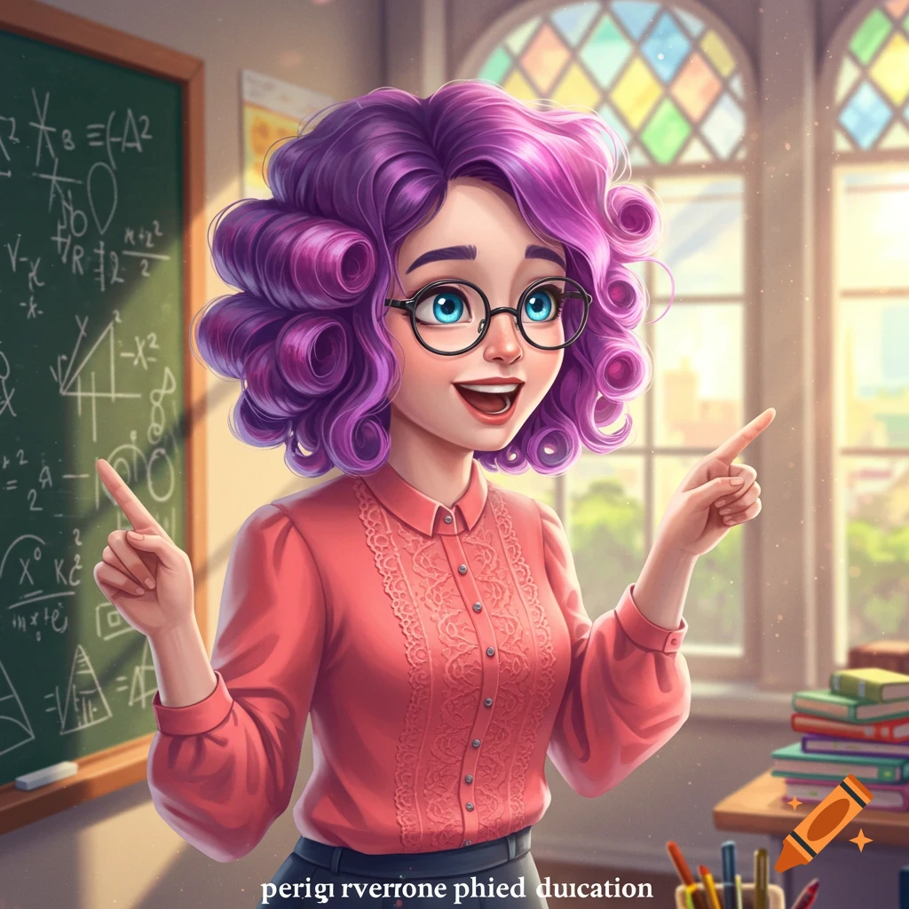 A cute, smiling cartoon teacher with purple curly hair and glasses, pointing with both hands in a bright classroom.