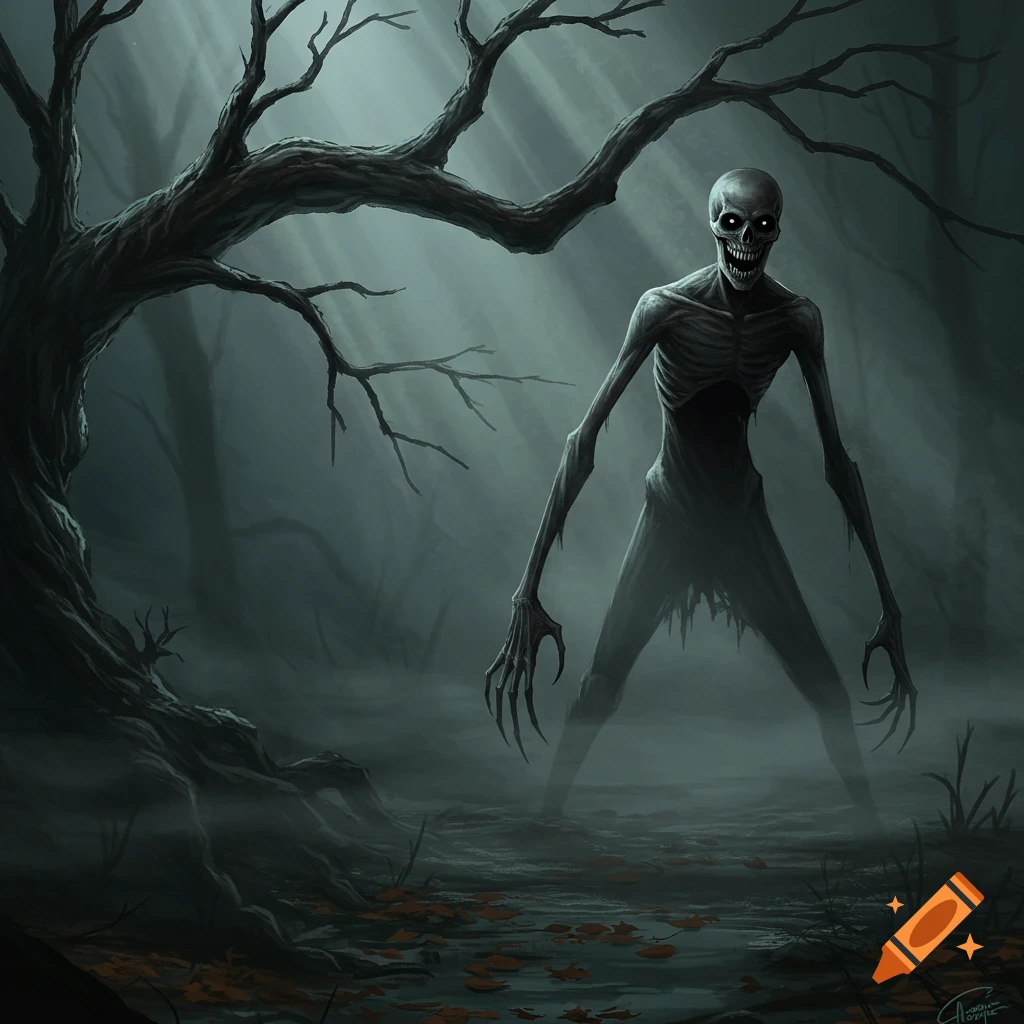 A pale skeletal creature with glowing eyes and a wide, sharp-toothed grin stands in a dark, foggy forest under a gnarled bare tree, digital art.